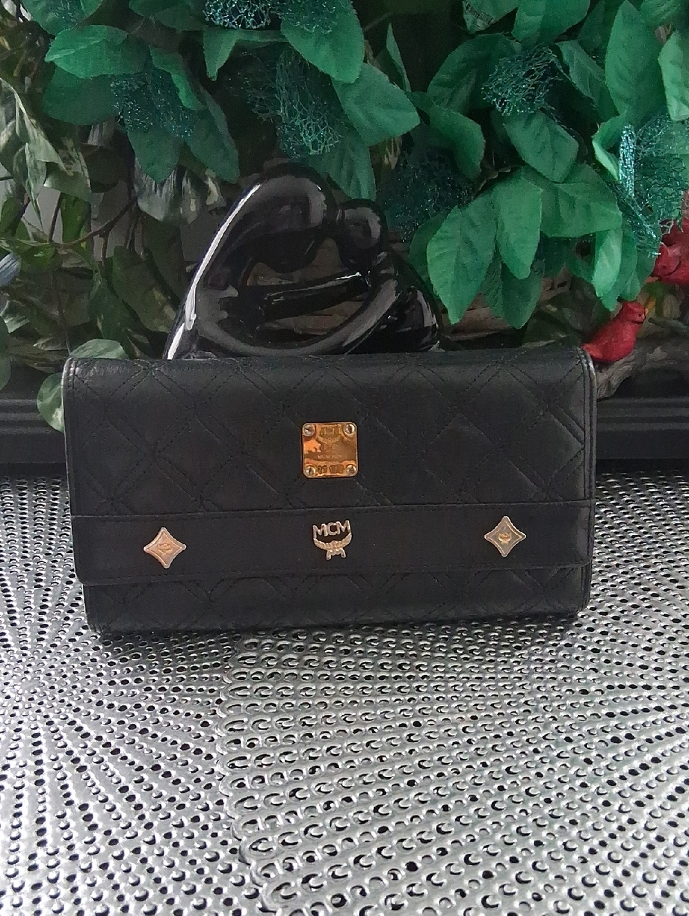 MCM Black Quilted Leather Wallet with Gold Accents, Vintage.